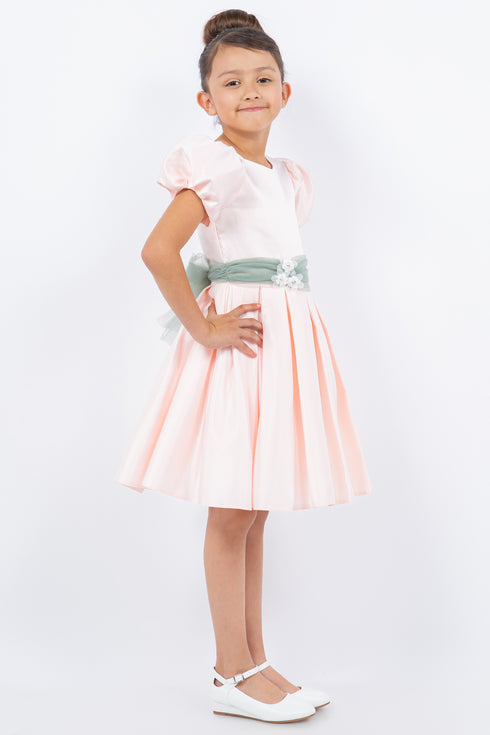 Girls Puff Sleeve Jewel Neck Organza Sash Flower Girl Dress 2-12
